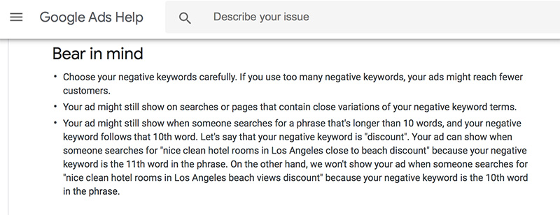Google PPC Adwords Negative Keywords